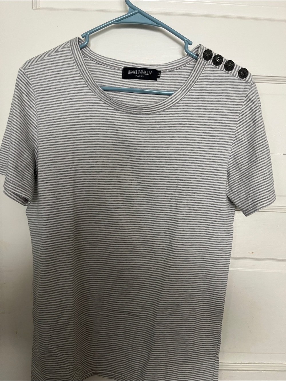 Balmain Gray and White Striped Short-Sleeve Tee with Shoulder Buttons